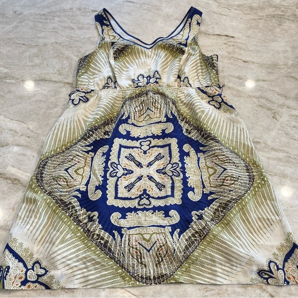 Anthropologie Edme & Esyllte Silk Kerchief Mini Dress – Blue/Green Geo – Large - Picture 4 of 14
